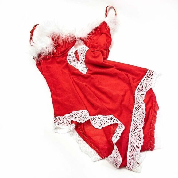SHEIN Christmas Feather Trim Cut-Out Teddy Sz M Lingerie - Picture 6 of 8